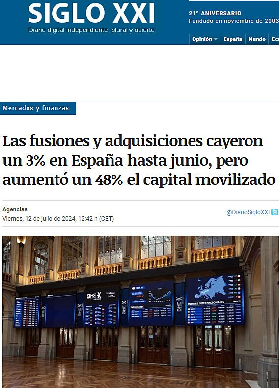 Las fusiones y adquisiciones cayeron un 3% en Espaa hasta junio, pero aument un 48% el capital movilizado